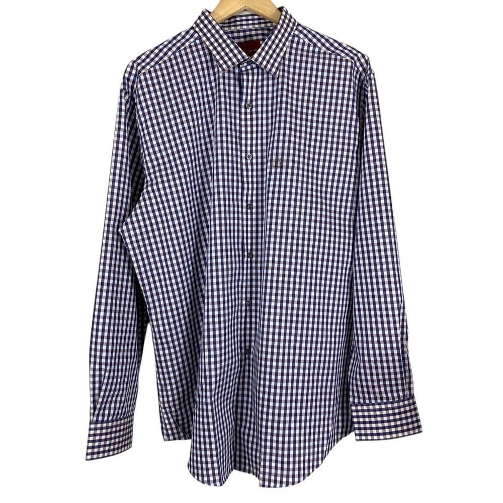 Alfani Mens Button Up Shirt Size XL 17 34/35 Fitted Performance Navy Tan Check